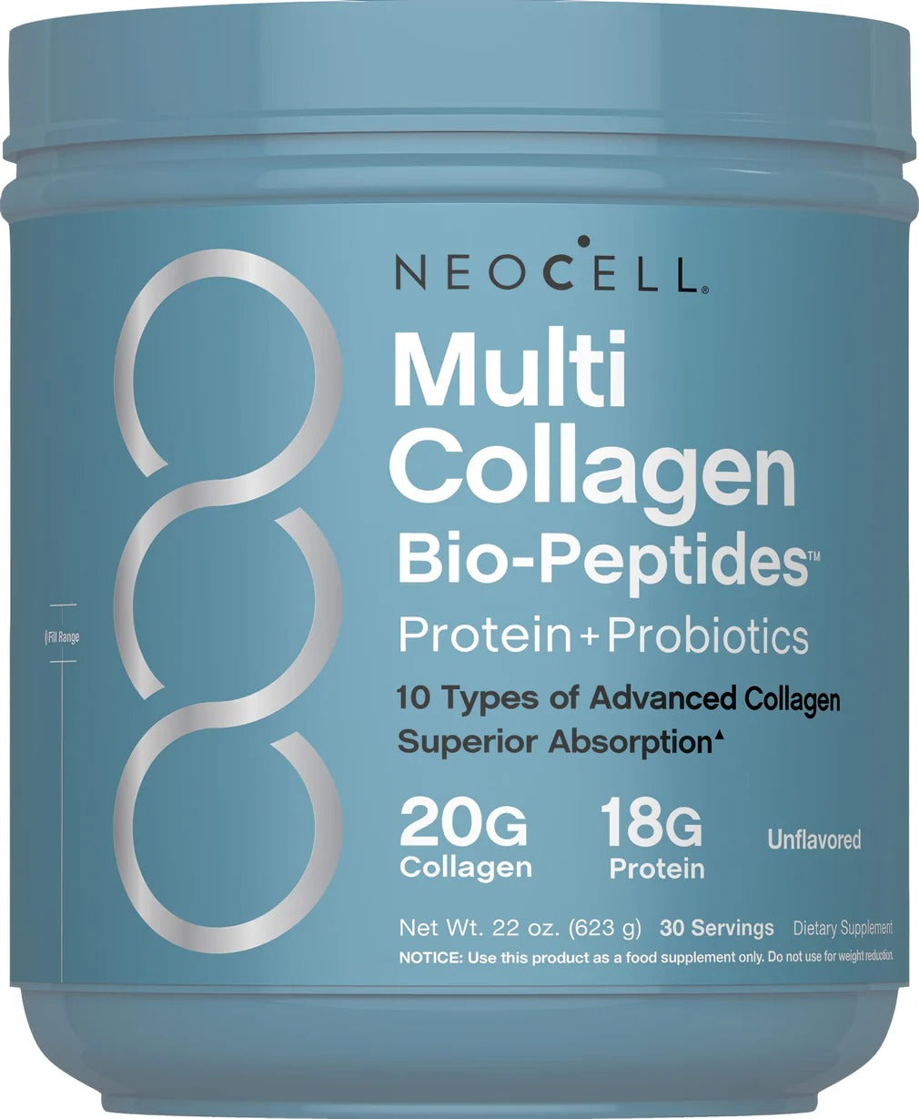 NeoCell Multi Collagen Bio-Peptides Powder | 22oz | Advanced with Hyaluronic Acid and Vitamin C | 10 Super Types of Collagen | Superior Absorption | Grassfed Protein Supplement