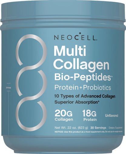 NeoCell Multi Collagen Bio-Peptides Powder | 22oz | Advanced with Hyaluronic Acid and Vitamin C | 10 Super Types of Collagen | Superior Absorption | Grassfed Protein Supplement