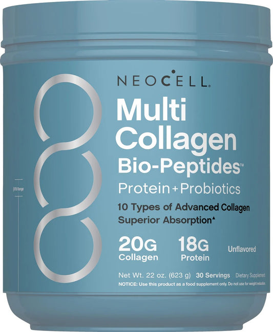 NeoCell Multi Collagen Bio-Peptides Powder | 22oz | Advanced with Hyaluronic Acid and Vitamin C | 10 Super Types of Collagen | Superior Absorption | Grassfed Protein Supplement